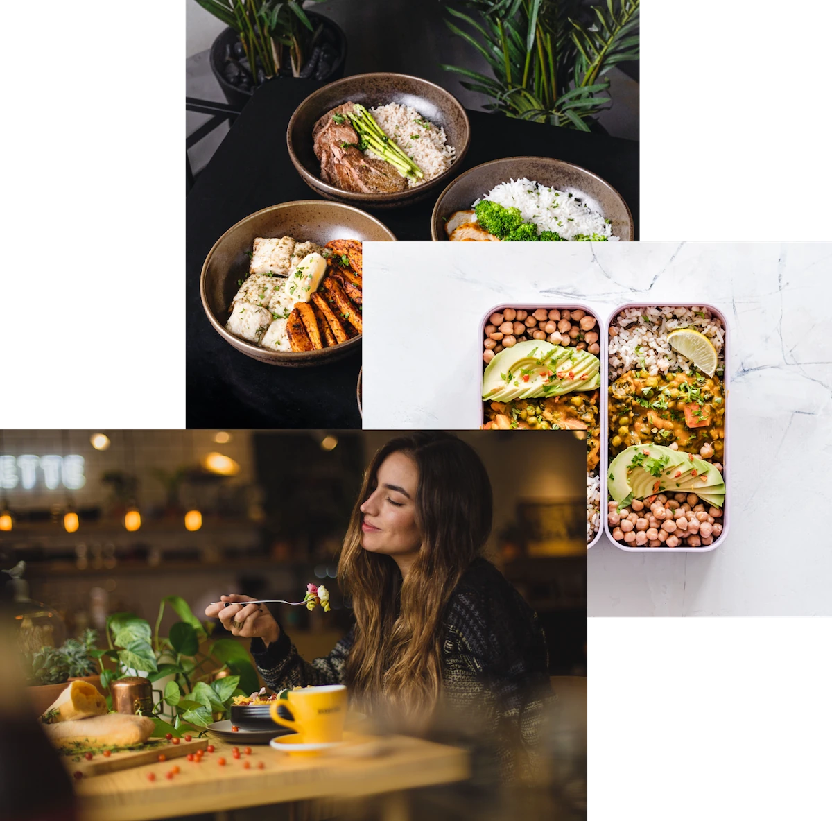 Woman enjoying food, meals in storage container, and bowls on a table